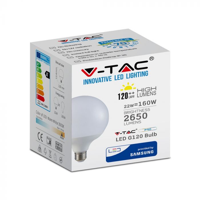 LED E27 LAMP G120 22W WW 2650lm (120lm/W) 200° 120X160 GLOBE SAMSUNG CHIP A++