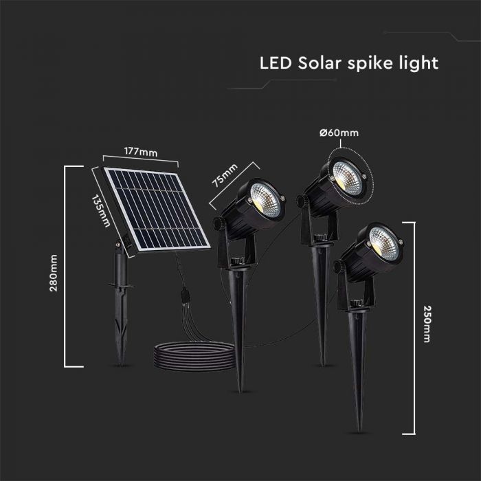 LED SOLAR SPIKE 3x1.2W  3x50lm WW 60x75x250mm BLACK IP65