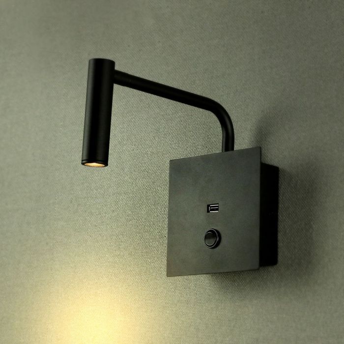 LED WALL LAMP WITH SWITCH & USB PORT 3W WW 150lm 15° 120X120X45 BLACK