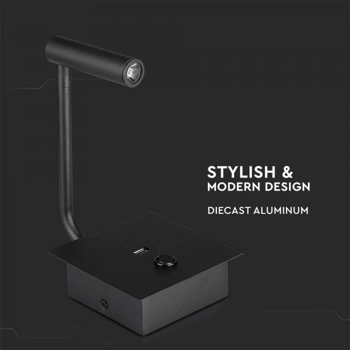 LED WALL LAMP WITH SWITCH & USB PORT 3W WW 150lm 15° 120X120X45 BLACK