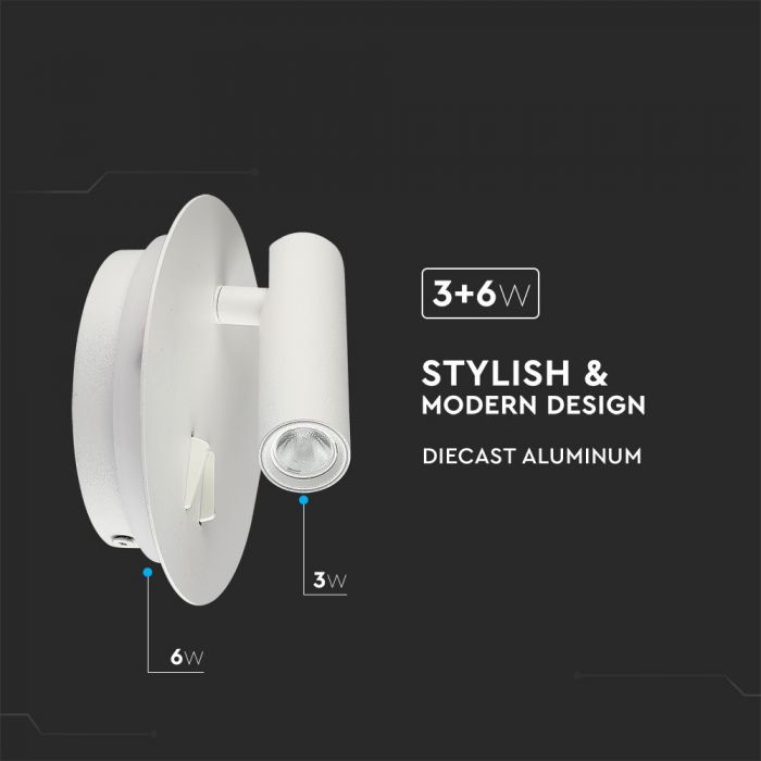 LED WALL LAMP 3W+6W WW 680lm 120° 140X30 WHITE