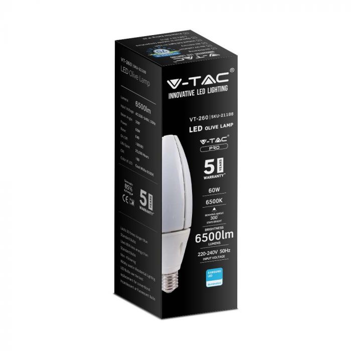 LED E40 OLIVE LAMP 60W CW 300° 6500lm 102X320mm SAMSUNG CHIP