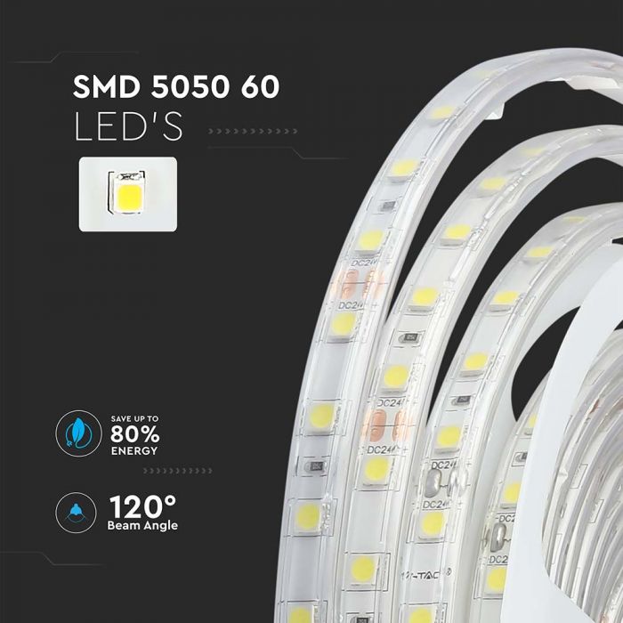 LED STRIP LIGHT 5050 SMD 60LEDs WW 830Lm 10W/M 24V 5M IP65