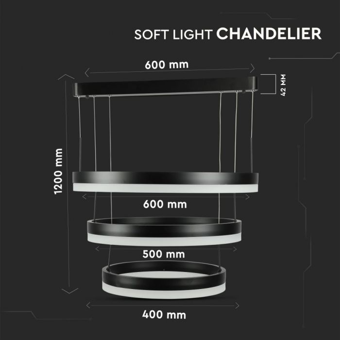 LED SOFT LIGHT CHANDELIER HANGING 3 STEP 92W WW 4550lm 120° 1200?600 BLACK DIMMABLE