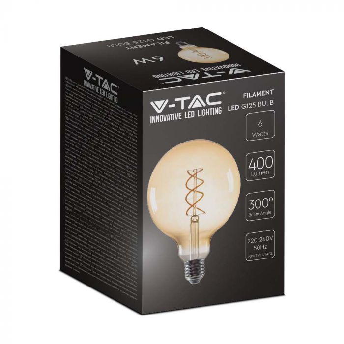 LED E27 FILAMENT LAMP AMBER G125 6W WW 380lm 300° 125X175 DOUBLE SPIRAL