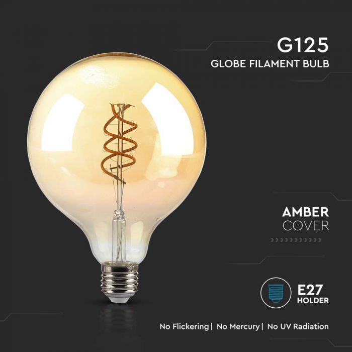 LED E27 FILAMENT LAMP AMBER G125 6W WW 380lm 300° 125X175 DOUBLE SPIRAL