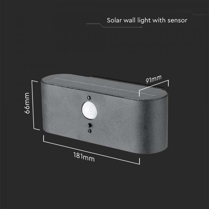 LED SOLAR WALL LAMP SMD WITH PIR SENSOR 505W WW 100lm 181x91x66mm BLACK IP54