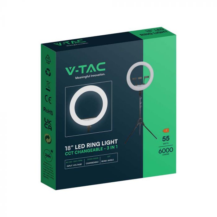 LED RING LIGHT 18INCH WITH 3 PHONE HOLDER AND REMOTE 55W 3IN1 6000lm 540x440x70mm