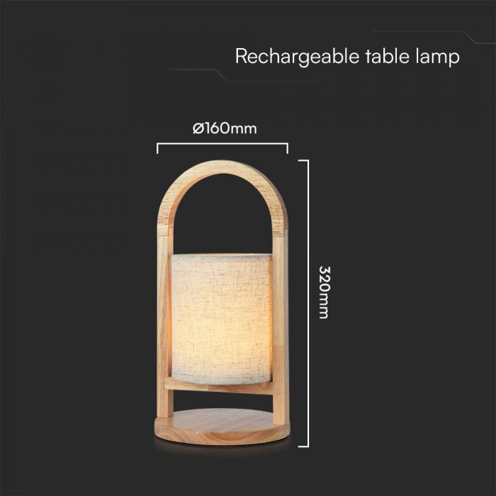 ED TABLE LAMP TOUCH DIMMING/RECHARGEABLE 1.5W 100lm WW 120° 160x320mm FABRIC BEIGE/WOOD HANDLE