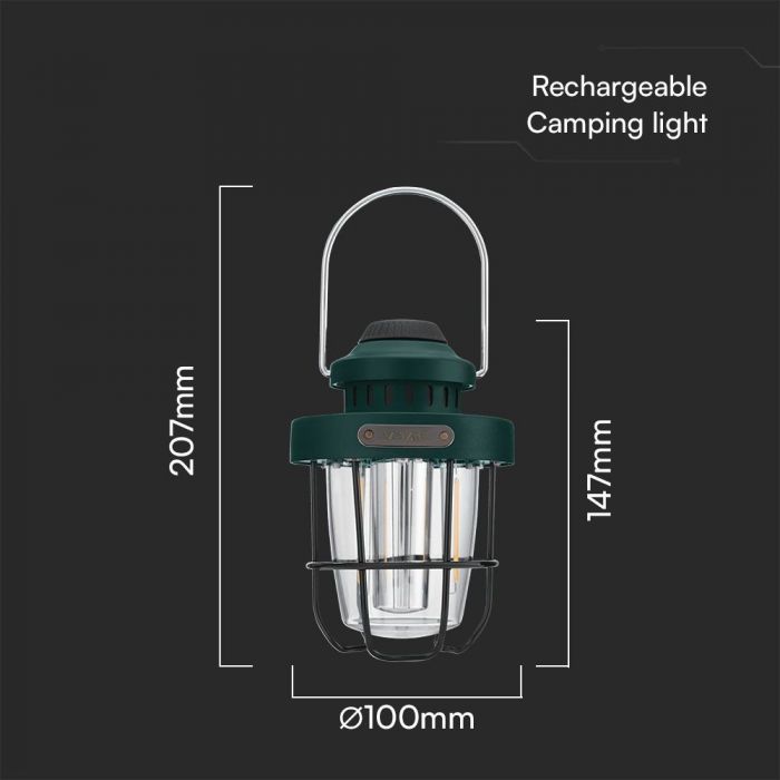 LED FLAME WORK CAMPING RECHARGEABLE LIGHT DIMMABLE  5W 230lm WW+CW 147x100x207mm GREEN IP44