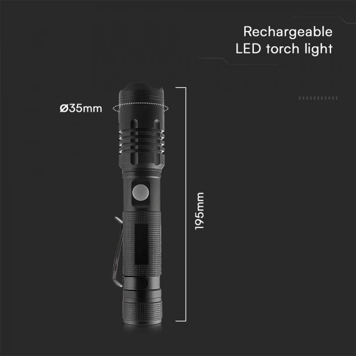 LED RECHARGEABLE TORCH LIGHT 10W 1000lm 35x175x195mm BLACK IP54