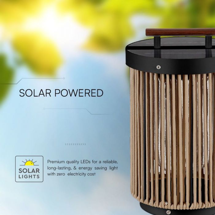 LED SOLAR GARDEN LAMP 2.4W WW 200x325mm BLACK+HEMP ROPE WITH WOODEN HANDLE IP65
