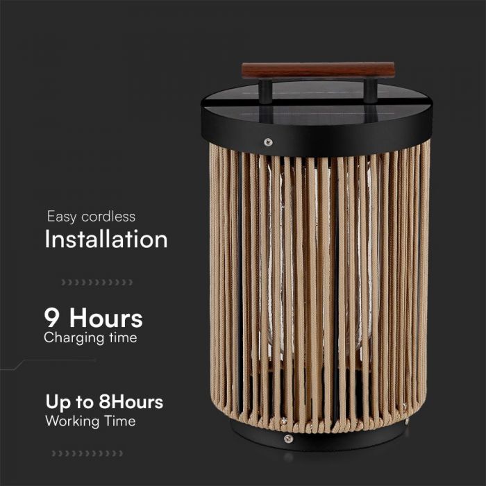 LED SOLAR GARDEN LAMP 2.4W WW 200x325mm BLACK+HEMP ROPE WITH WOODEN HANDLE IP65