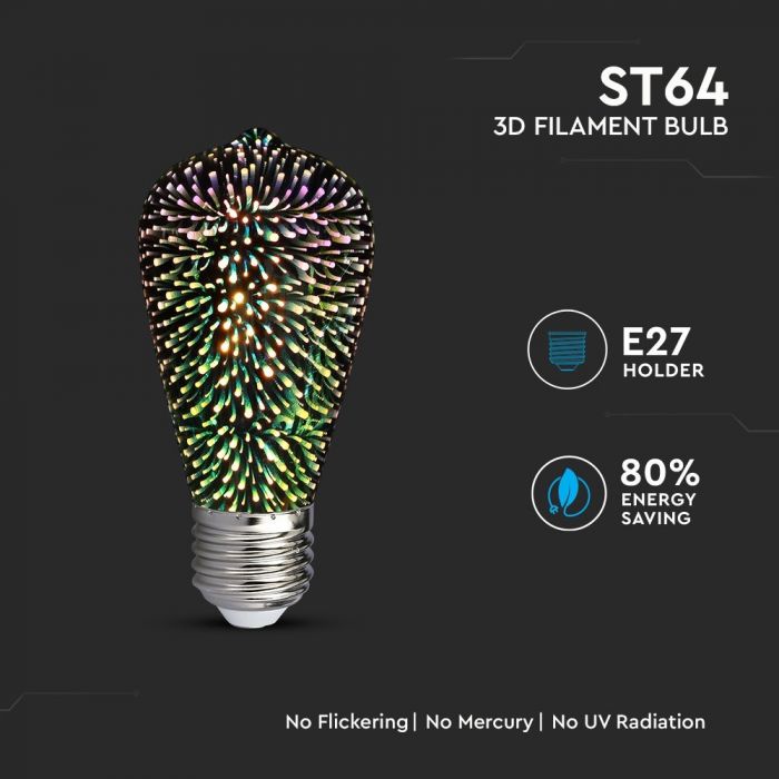 LED E27 3D FILAMENT LAMP ST64 3W WW 25lm 360° 64X135