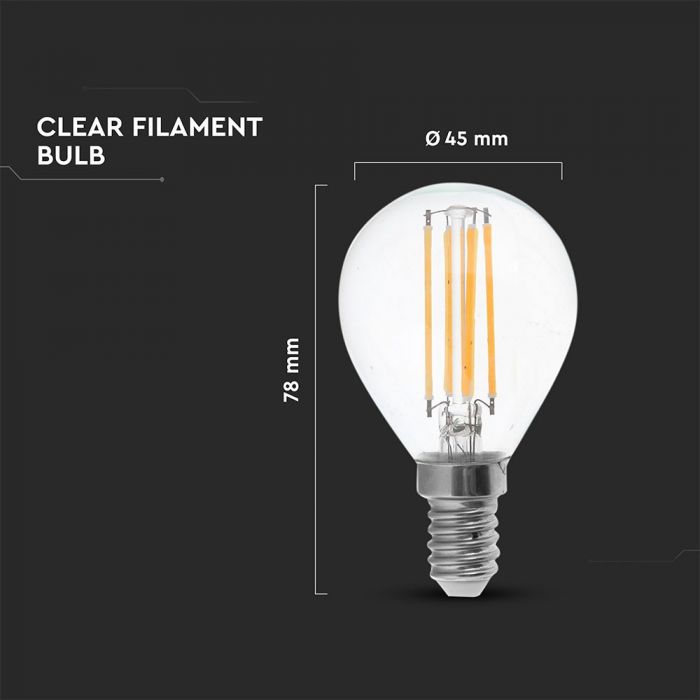LED E14 FILAMENT LAMP P45 6W DL 800lm 300° GLOBE 45X78 A++