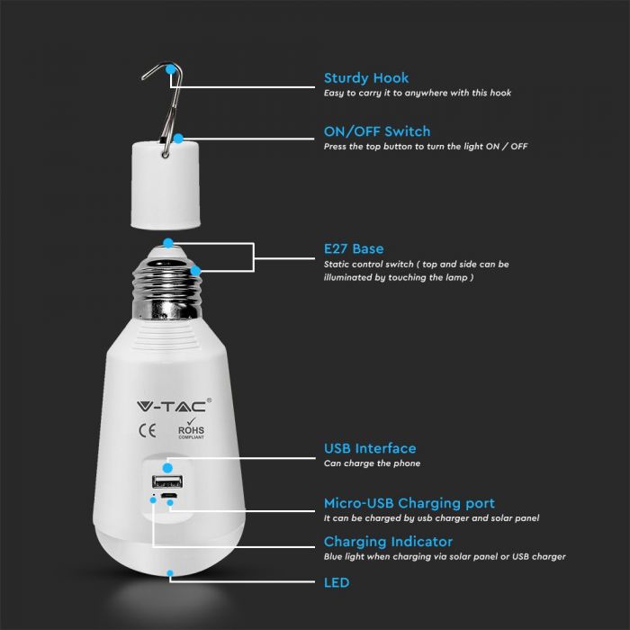 LED SOLAR EMERGENCY E27 LAMP WITH SENSOR / RF CONTROL 7W CCT 500lm 120° (6Hrs) MOBILE CHARING