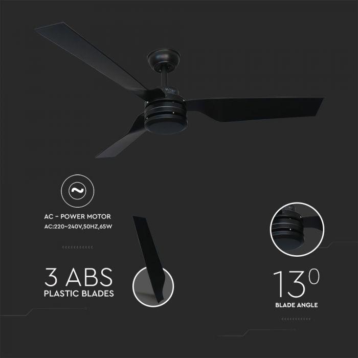LED CEILING FAN WITH RF CONTROL/3 PC PLASTIC BLACK BLADES/65W AC MOTOR 52"(132CM) 3 SPEED