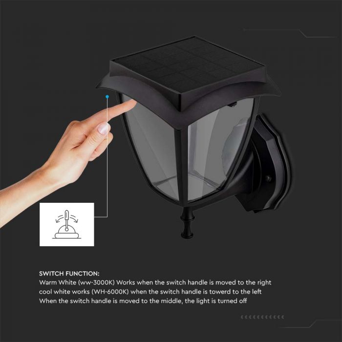 LED SOLAR WALL LAMP WW + CW 110Lm 170° 17.5x23 MATT BLACK BODY IP65