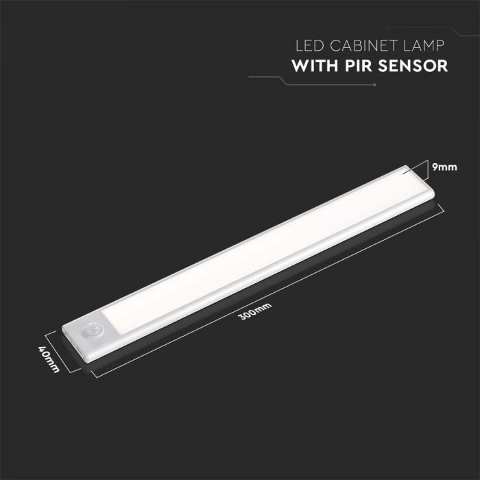 LED CABINET PIR SENSOR LIGHT BLACK BODY 1.5W DL 110lm 180° 300x40x9