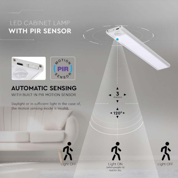 LED CABINET PIR SENSOR LIGHT BLACK BODY 1.5W DL 110lm 180° 300x40x9