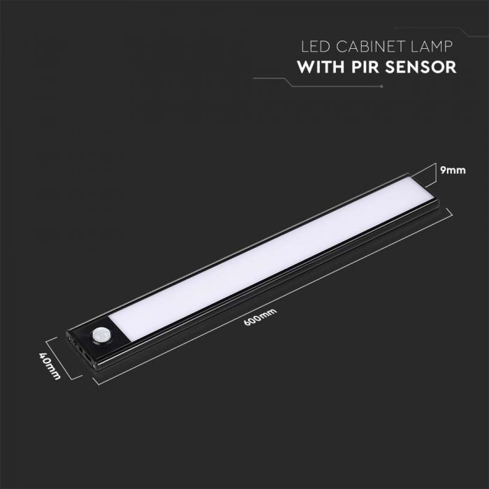 LED CABINET PIR SENSOR LIGHT BLACK BODY 2.5W DL 260lm 180° 600x40x9