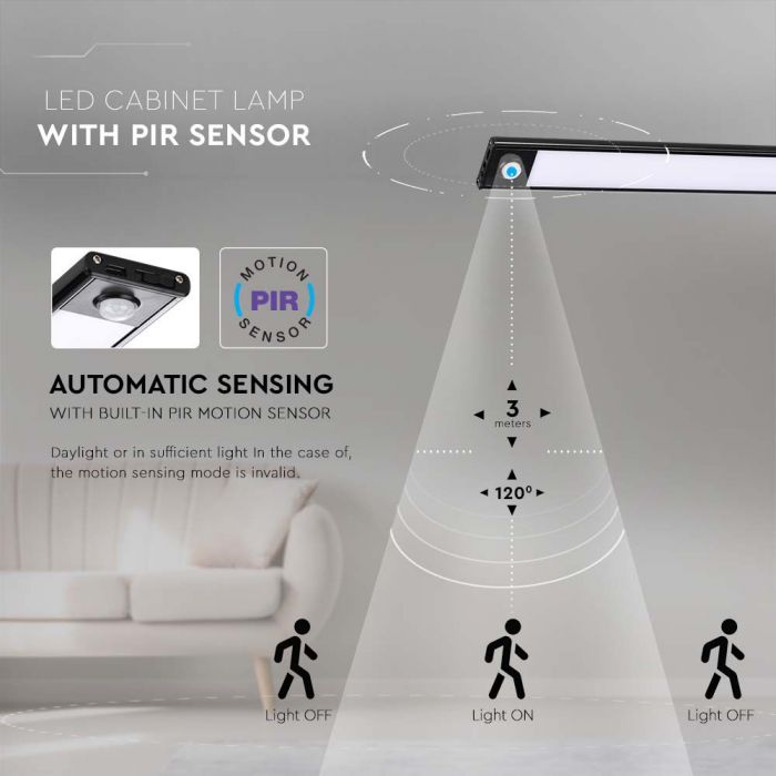 LED CABINET PIR SENSOR LIGHT BLACK BODY 2.5W DL 260lm 180° 600x40x9