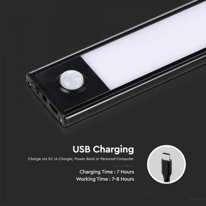 LED CABINET PIR SENSOR LIGHT BLACK BODY 2.5W DL 260lm 180° 600x40x9
