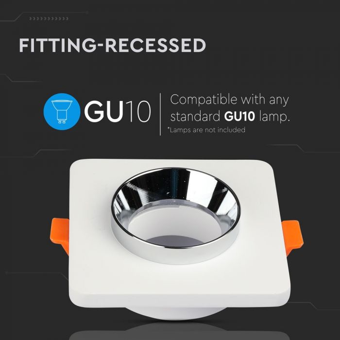 GU10 Fitting Gypsum Metal White Plaster Chrome, Square, Recessed