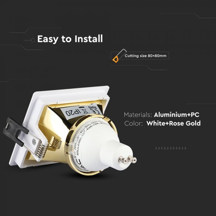 LED BRACKET GU10 SQUARE WHITE + GOLD ALUMINIUM + PC 85X85X62 (80X80)
