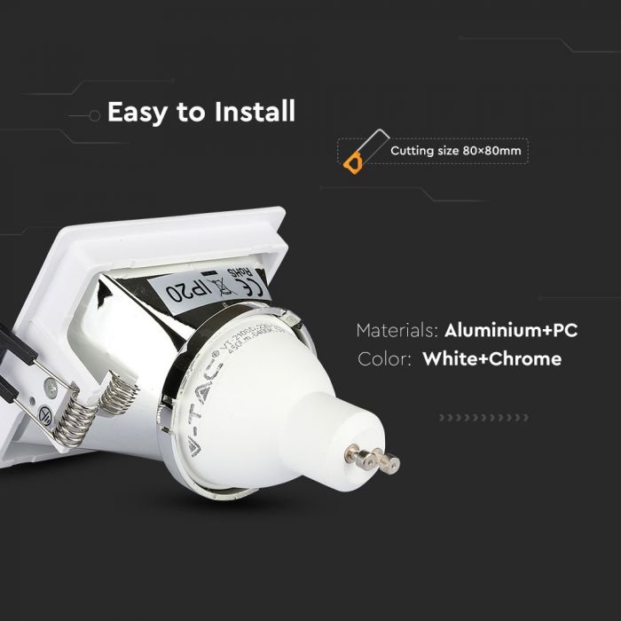 LED BRACKET GU10 SQUARE WHITE + CHROME ALUMINIUM + PC 85X85X62 (80X80)
