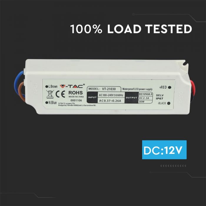 LED POWER SUPPLY PLASTIC 30W 12V 2.5A SLIM IP67
