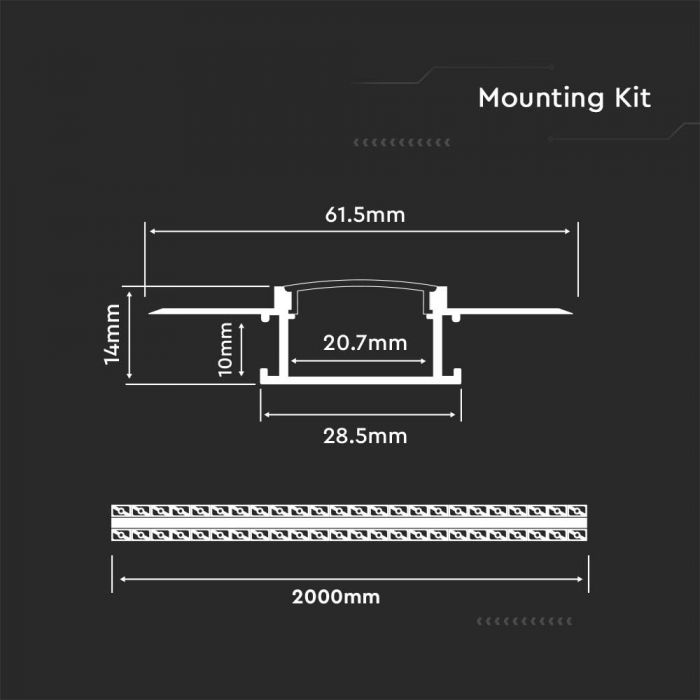 LED Strip Mounting Kit With Diffuser Aluminum Milky Gypsum Wide 2000mm