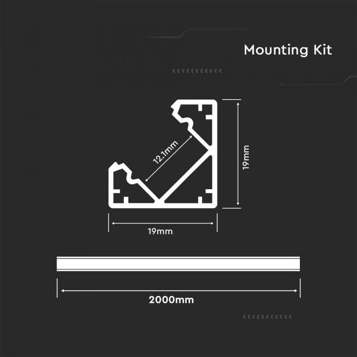 LED Strip Mounting Kit With Diffuser Aluminum 2000 x 19 x 19mm White Housing