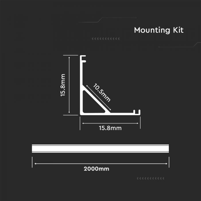 LED Strip Mounting Kit With Diffuser Aluminum 2000 x 15.8 x 15.8mm White Housing