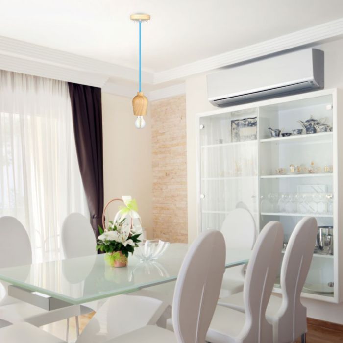 LED E27 PENDANT BLUE WIRE 73X102X100 WOODEN