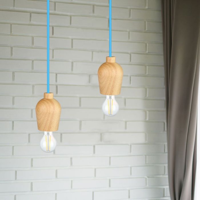 LED E27 PENDANT BLUE WIRE 73X102X100 WOODEN