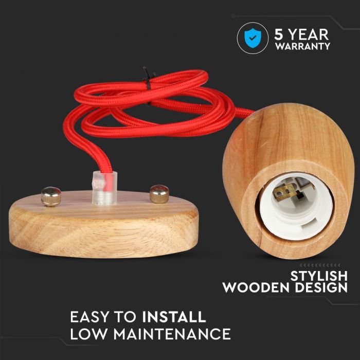 LED E27 PENDANT RED WIRE 73X102X100 WOODEN