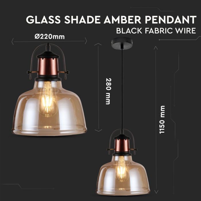 Glass Shade Amber Pendant Light Black Fabric Wire