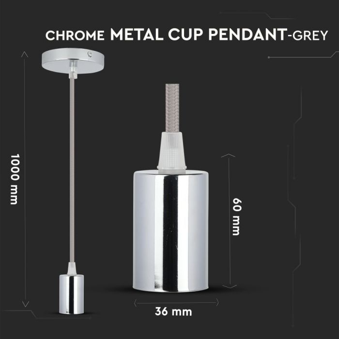 LED E27 PENDANT CHROME METAL 36X60 LIGHT GREY