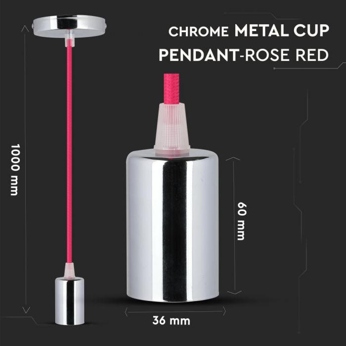 LED E27 PENDANT CHROME METAL 36X60 LIGHT ROSE RED