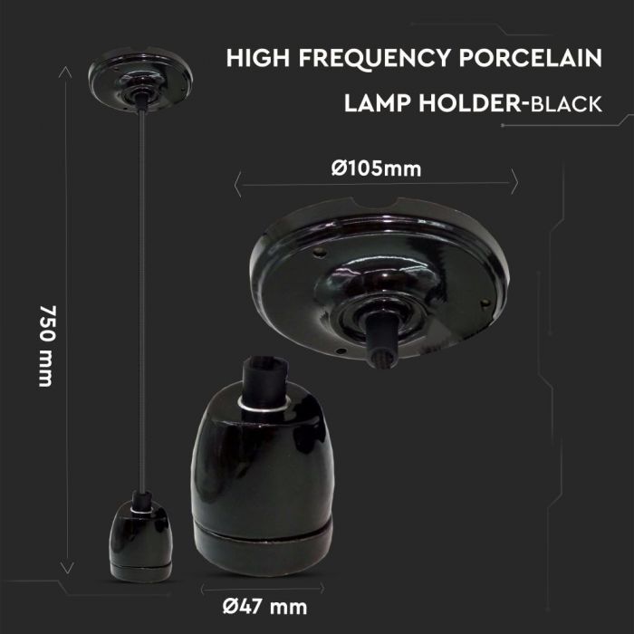 LED E27 HIGH FREQUENCY LAMP HOLDER BLACK 47X64X680 PORCELAIN