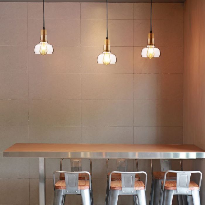 LED E27 PENDANT AMBER 165X220X1100 GLASS WITH WOOD