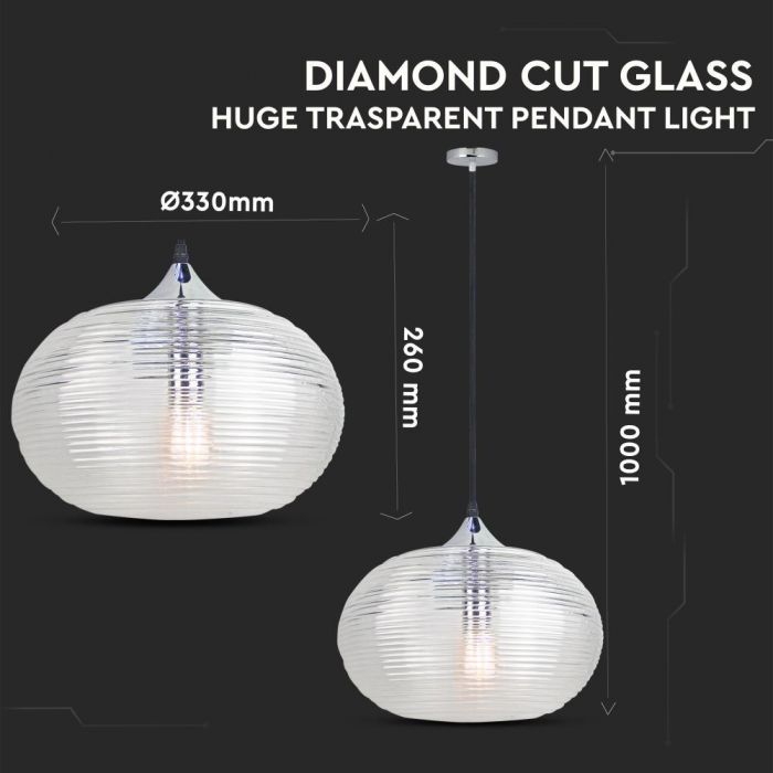 LED E27 PENDANT DIAMOND CUT HUGE TRANSPARENT 33X26X100 GLASS + METAL
