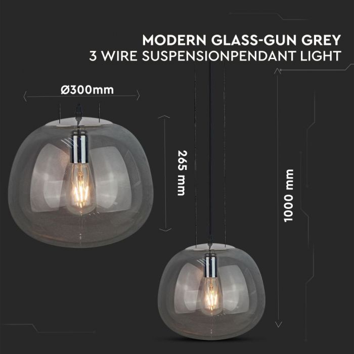 Pendant Light Modern Glass Grey 3 Wire Suspension 300mm
