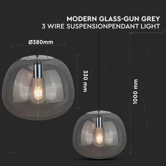 Pendant Light Modern Glass Grey 3 Wire Suspension 380mm