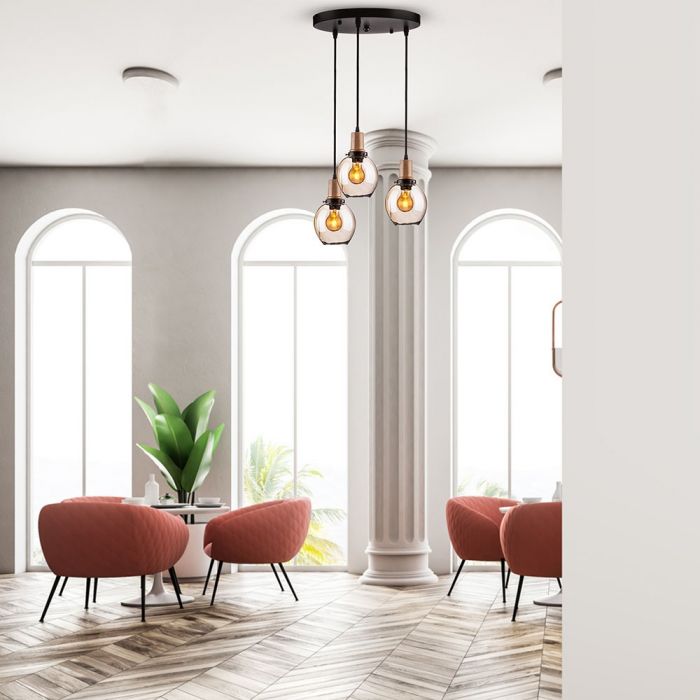 LED E27 PENDANT TRIO GLASS WITH GLASS LAMPSHADE 30X130 AMBER