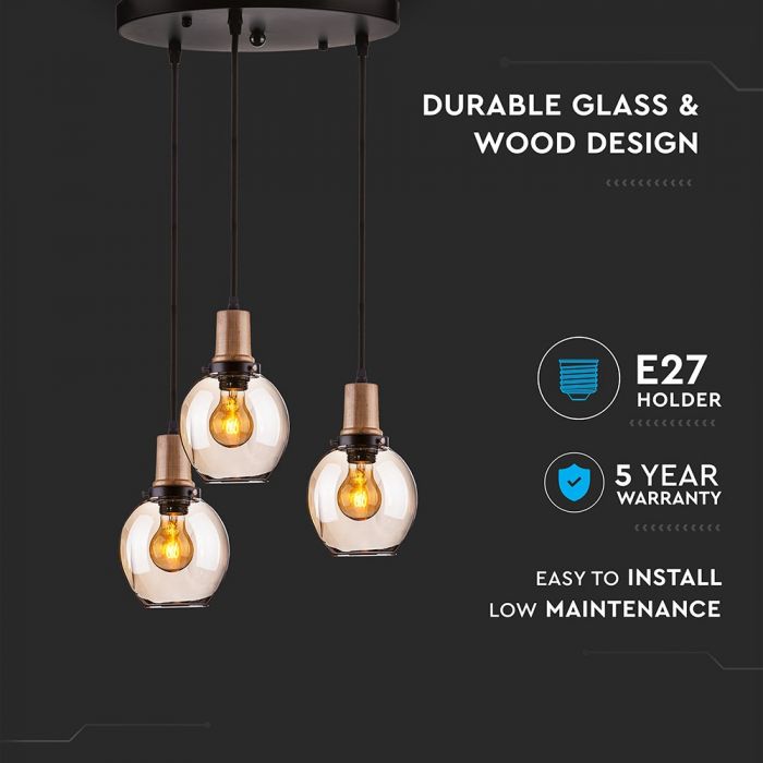 LED E27 PENDANT TRIO GLASS WITH GLASS LAMPSHADE 30X130 AMBER