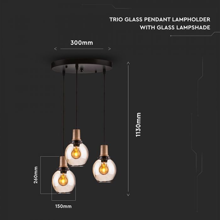 LED E27 PENDANT TRIO GLASS WITH GLASS LAMPSHADE 30X130 AMBER