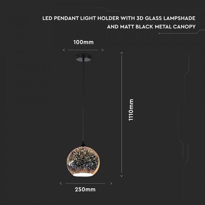 Pendant Light Holder E27 3D Glass Lampshade 250mm
