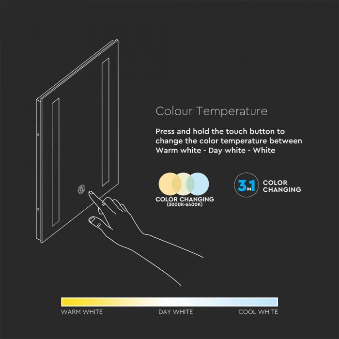 LED MIRROR RECTANGLE CHROME WITH TOUCH SWITCH 10W 3IN1 750lm 120° 700X500X35 IP44 ANTI-FOG